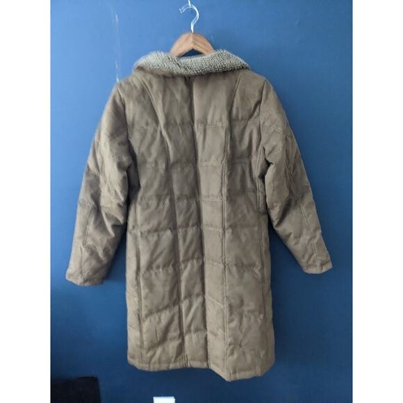 Coat Warm Faux Suede LL Bean Quilted Goose Down Brown Sherpa Collar Women's M - Picture 3 of 7